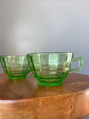 Vintage Anchor Hocking Green Block Optic Depression Glass Teacups